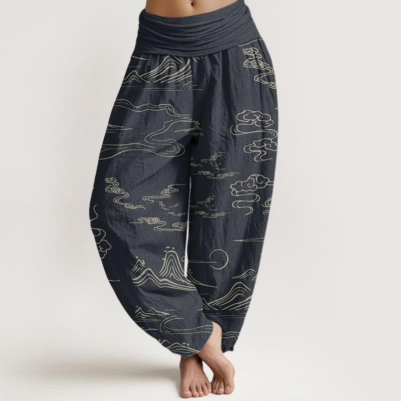Damskie spodnie haremowe z elastyczną talią i wzorem " Buddha Stones, Góra, Księżyc, Pomyślne Chmury" - LightSlateGray - US22, UK/AU26, EU54 (6XL) - image 0