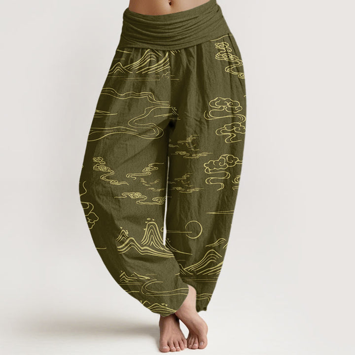 Buddha Stones Góra Księżyc Pomyślne Chmury Wzór Damskie Spodnie Harem Elastyczna Talia - Ciemny Khaki - US22, UK/AU26, EU54 (6XL) - image 5