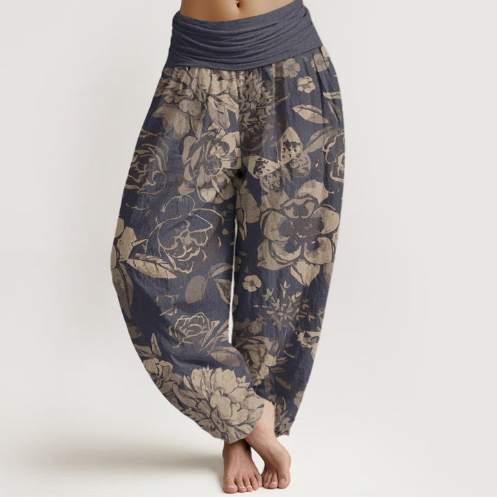 Spodnie haremowe damskie z elastyczną talią i bawełnianymi, swobodnymi kwiatami piwonii i liśćmi z motywem Buddha Stones - DarkSlateBlue - US22, UK/AU26, EU54 (6XL) - image 0