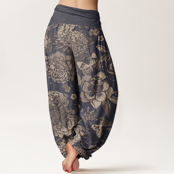 Buddha Stones Casual Peony Kwiaty Liście Damskie Spodnie Harem Elastyczna Talia - image 3