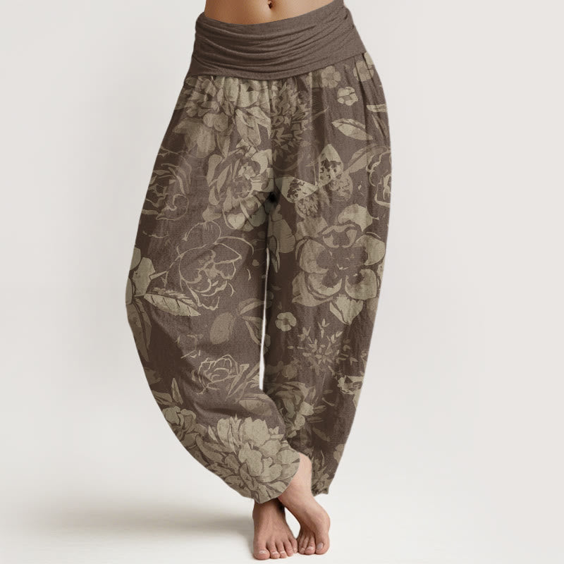 Spodnie haremowe damskie z elastyczną talią i bawełnianymi, swobodnymi kwiatami piwonii i liśćmi z motywem Buddha Stones - Dębnik - US22, UK/AU26, EU54 (6XL) - image 4