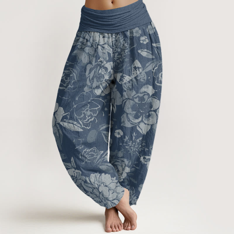 Spodnie haremowe damskie z elastyczną talią i bawełnianymi, swobodnymi kwiatami piwonii i liśćmi z motywem Buddha Stones - SkyBlue - US22, UK/AU26, EU54 (6XL) - image 7