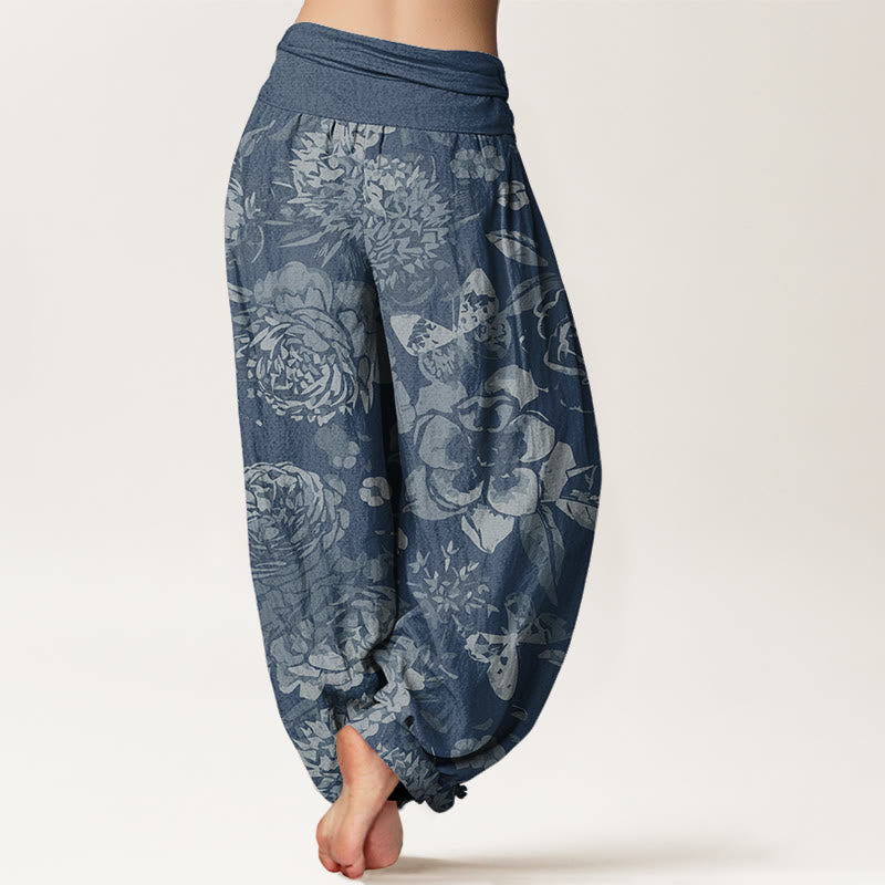 Buddha Stones Casual Peony Kwiaty Liście Damskie Spodnie Harem Elastyczna Talia - image 10