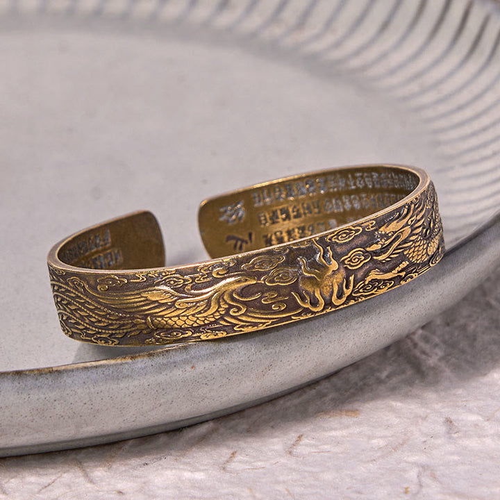 Buddha Stones Smok i Feniks bawiący się perłą Sutra Serca Rzeźbiona Miedź Mosiądz Bransoletka Szczęścia Bangle