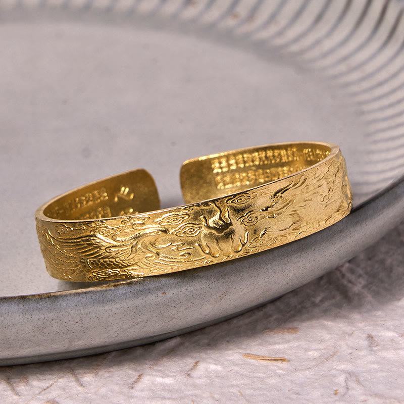 Buddha Stones Smok i Feniks bawiący się perłą Sutra Serca Rzeźbiona Miedź Mosiądz Bransoletka Szczęścia Bangle