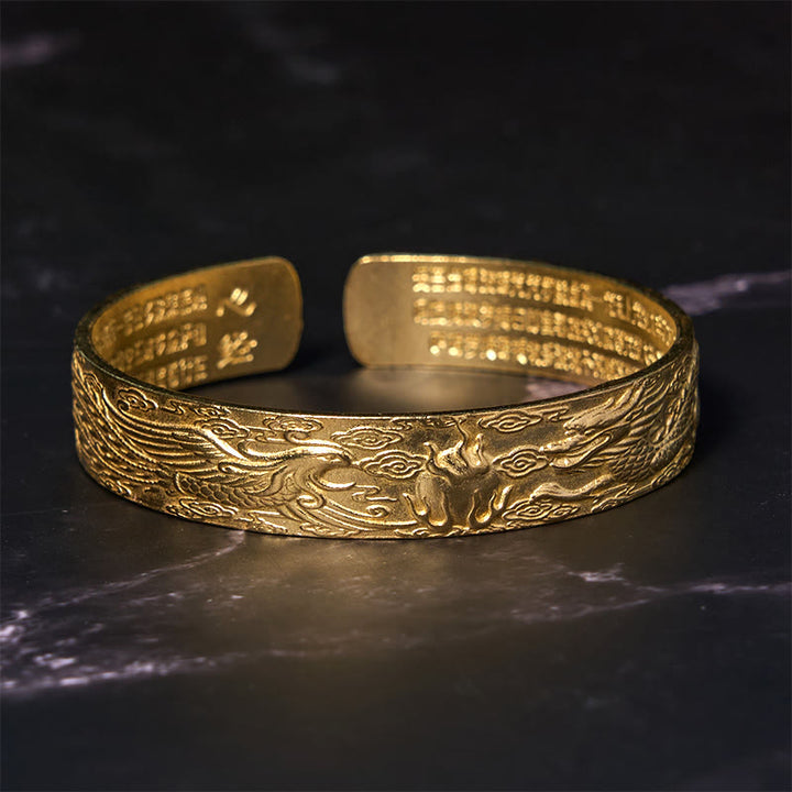 Buddha Stones Smok i Feniks bawiący się perłą Sutra Serca Rzeźbiona Miedź Mosiądz Bransoletka Szczęścia Bangle