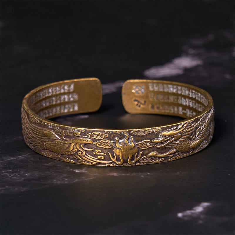 Buddha Stones Smok i Feniks bawiący się perłą Sutra Serca Rzeźbiona Miedź Mosiądz Bransoletka Szczęścia Bangle