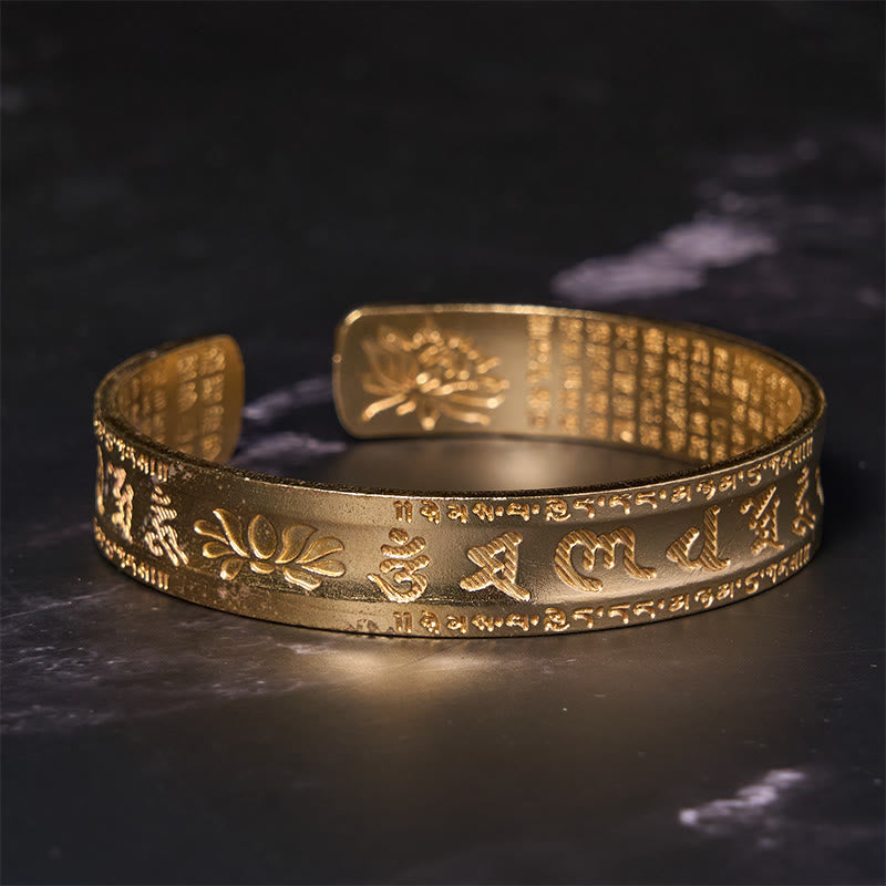 Buddha Stones Sześć Prawdziwych Słów 'om Mani Padme Hum' Sutra Serca Lotos Miedź Mosiądz Pokojowa Bransoletka Mankiet Bangle