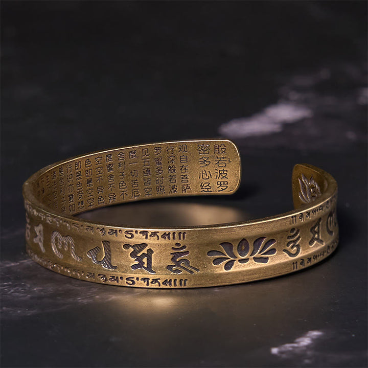 Buddha Stones Sześć Prawdziwych Słów 'om Mani Padme Hum' Sutra Serca Lotos Miedź Mosiądz Pokojowa Bransoletka Mankiet Bangle
