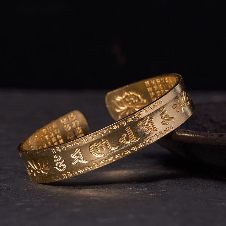 Buddha Stones Sześć Prawdziwych Słów 'om Mani Padme Hum' Sutra Serca Lotos Miedź Mosiądz Pokojowa Bransoletka Mankiet Bangle
