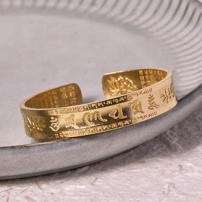 Buddha Stones Sześć Prawdziwych Słów 'om Mani Padme Hum' Sutra Serca Lotos Miedź Mosiądz Pokojowa Bransoletka Mankiet Bangle