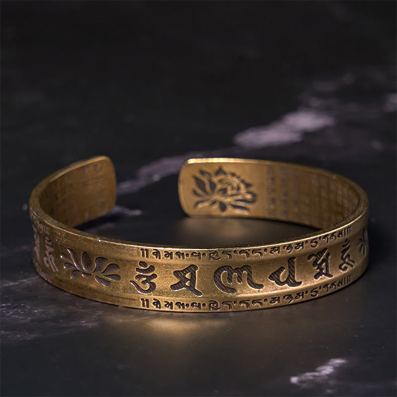 Buddha Stones Sześć Prawdziwych Słów 'om Mani Padme Hum' Sutra Serca Lotos Miedź Mosiądz Pokojowa Bransoletka Mankiet Bangle
