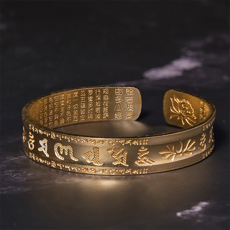 Buddha Stones Sześć Prawdziwych Słów 'om Mani Padme Hum' Sutra Serca Lotos Miedź Mosiądz Pokojowa Bransoletka Mankiet Bangle