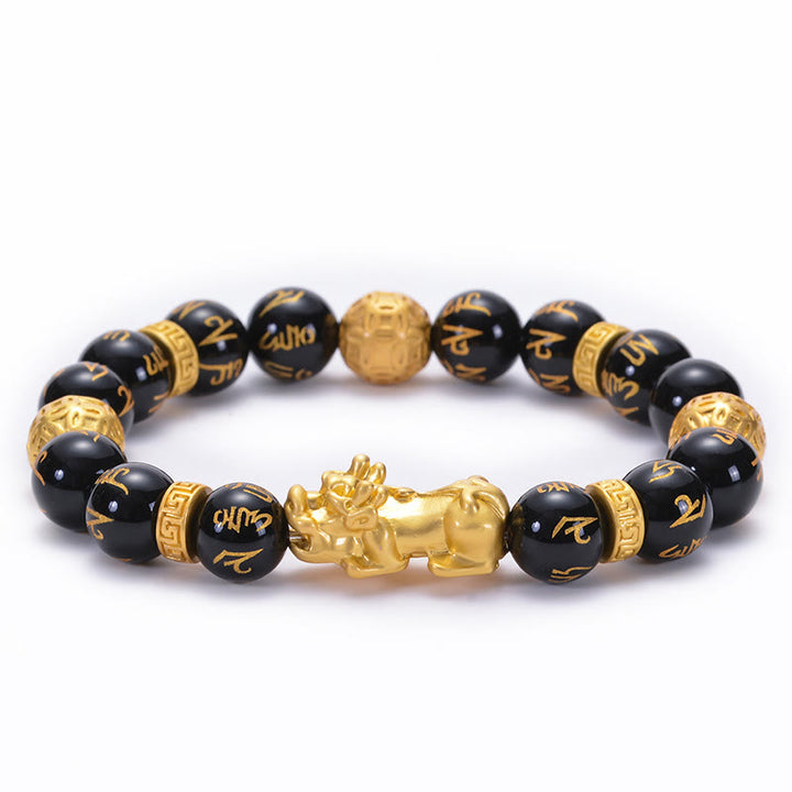Buddha Stones Czarny Obsydian Czarny Onyks Stop PiXiu Om Mani Padme Hum Bransoletka Siłowa