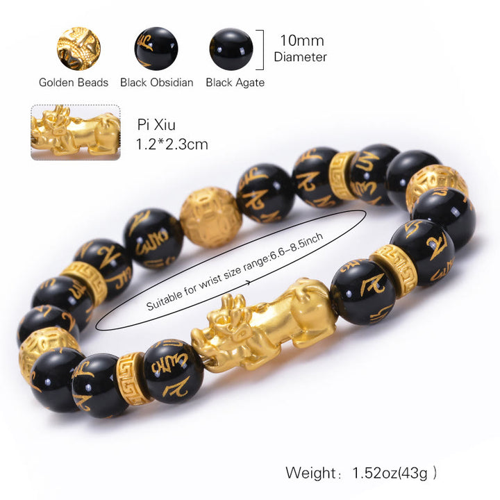 Buddha Stones Czarny Obsydian Czarny Onyks Stop PiXiu Om Mani Padme Hum Bransoletka Siłowa