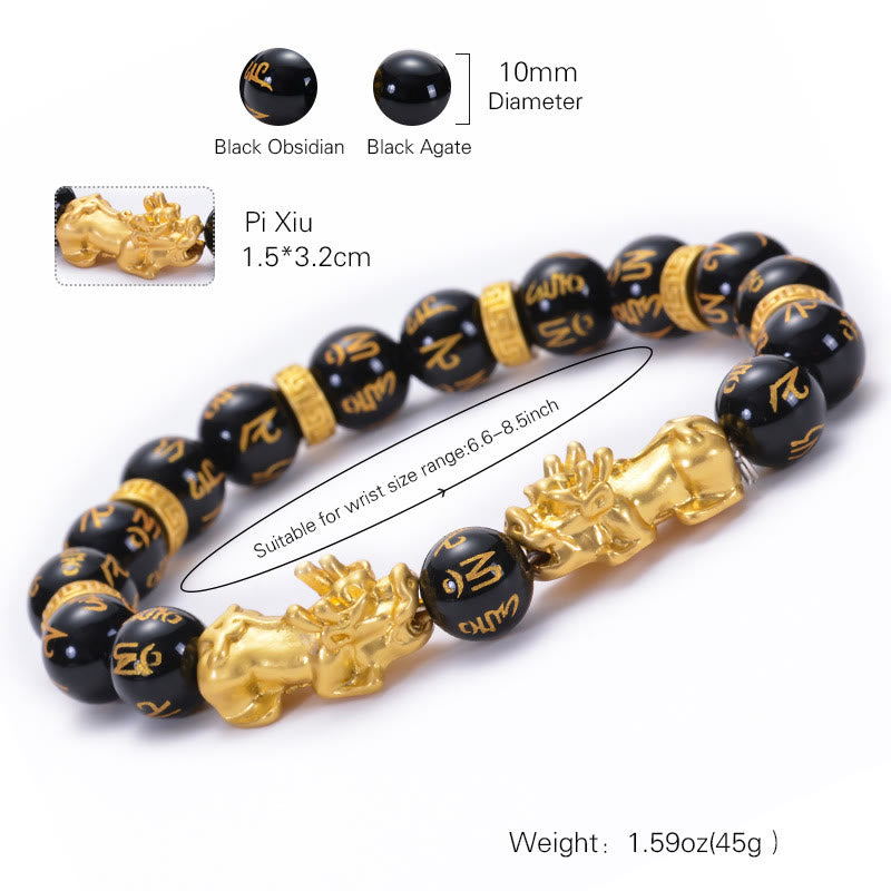 Buddha Stones Czarny Obsydian Czarny Onyks Złoty Stop Dwa PiXiu Om Mani Padme Hum Bransoletka Siłowa