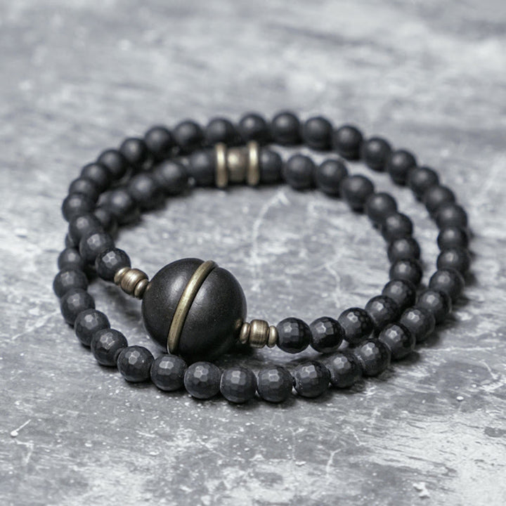 Buddha Stones Mrożone Cięte Powierzchnie Czarny Onyks Koraliki Hebanowe Podwójne Owijanie Bransoletki Ochronnej
