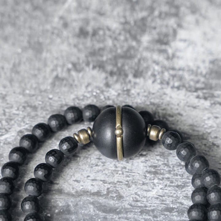 Buddha Stones Mrożone Cięte Powierzchnie Czarny Onyks Koraliki Hebanowe Podwójne Owijanie Bransoletki Ochronnej
