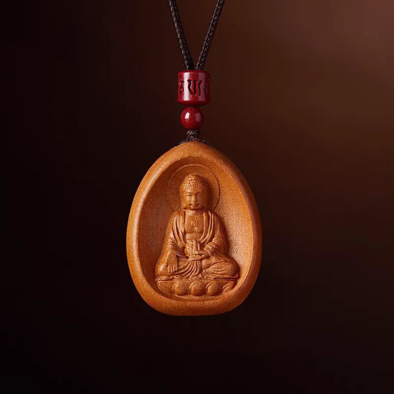 Buddha Stones Drewno Brzoskwiniowe Cynober Om Mani Padme Hum Chiński Zodiak Czarny Naszyjnik Wisiorki - Peach Wood-Pies Świnia - image 20