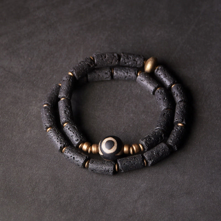 Buddha Stones Vintage Lava Rock Trójoki Dzi Koralik Miedź Mosiądz Wieloobrotowa Spokojna Bransoletka