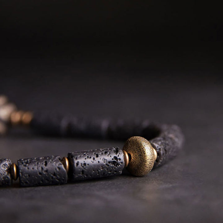 Buddha Stones Vintage Lava Rock Trójoki Dzi Koralik Miedź Mosiądz Wieloobrotowa Spokojna Bransoletka