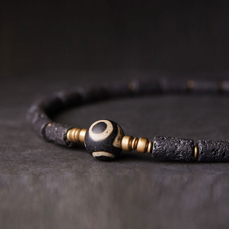 Buddha Stones Vintage Lava Rock Trójoki Dzi Koralik Miedź Mosiądz Wieloobrotowa Spokojna Bransoletka