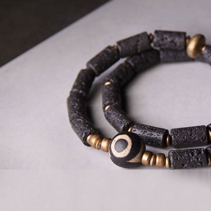 Buddha Stones Vintage Lava Rock Trójoki Dzi Koralik Miedź Mosiądz Wieloobrotowa Spokojna Bransoletka