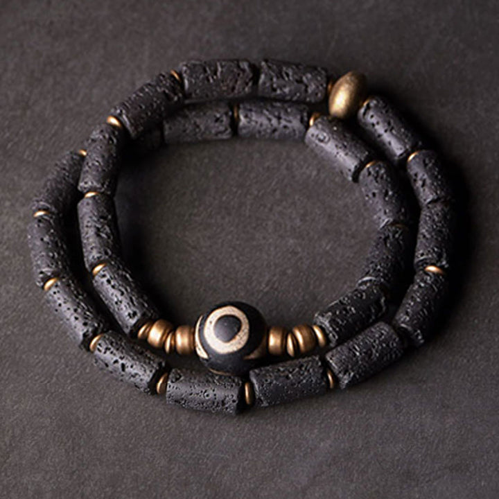 Buddha Stones Vintage Lava Rock Trójoki Dzi Koralik Miedź Mosiądz Wieloobrotowa Spokojna Bransoletka