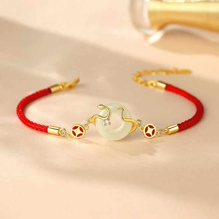 Buddha Stones Hetian Jade Chalcedon Klamra Pokoju Moneta Srebro Sterling 925 Rok Węża Bransoletka z Czerwonego Sznurka Dobrobytu