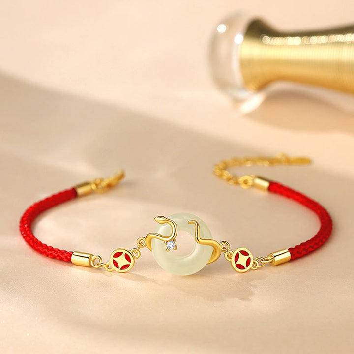 Buddha Stones Hetian Jade Chalcedon Klamra Pokoju Moneta Srebro Sterling 925 Rok Węża Bransoletka z Czerwonego Sznurka Dobrobytu
