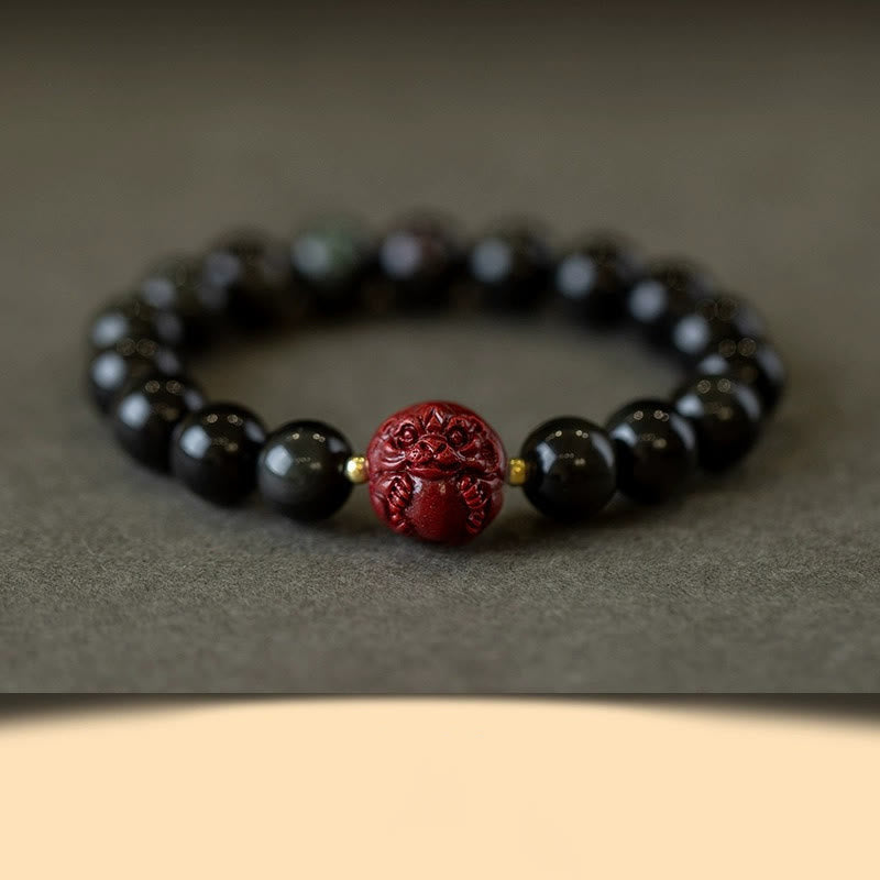Buddha Stones Chiński Zodiak Naturalny Czarny Obsydian Cynober Bransoletka Oczyszczająca
