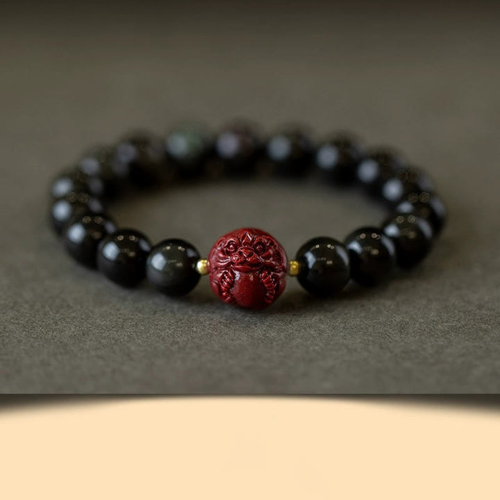 Buddha Stones Chiński Zodiak Naturalny Czarny Obsydian Cynober Bransoletka Oczyszczająca
