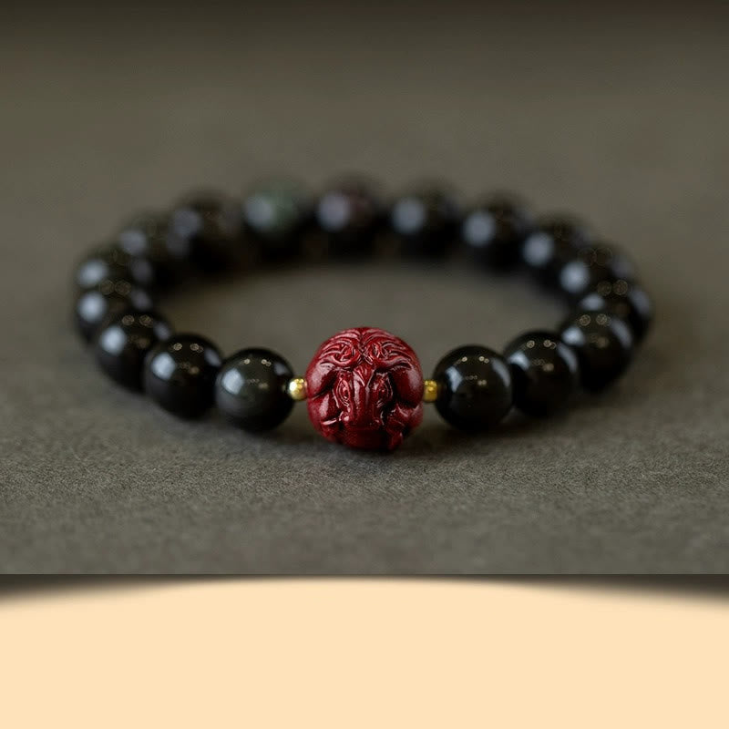 Buddha Stones Chiński Zodiak Naturalny Czarny Obsydian Cynober Bransoletka Oczyszczająca
