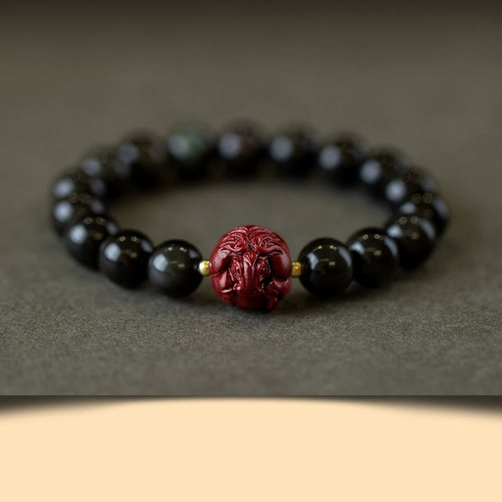 Buddha Stones Chiński Zodiak Naturalny Czarny Obsydian Cynober Bransoletka Oczyszczająca