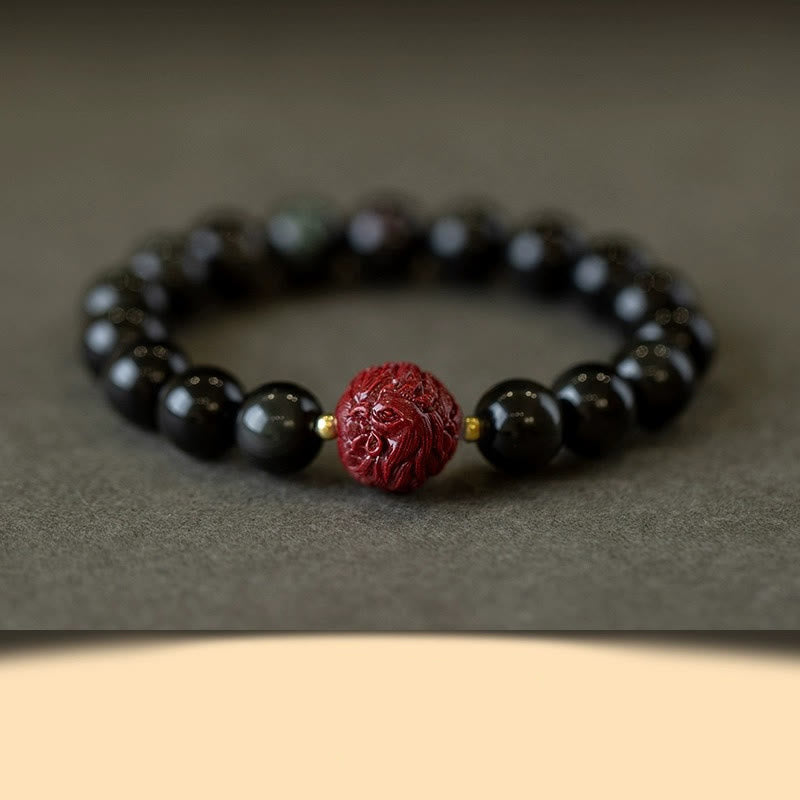Buddha Stones Chiński Zodiak Naturalny Czarny Obsydian Cynober Bransoletka Oczyszczająca