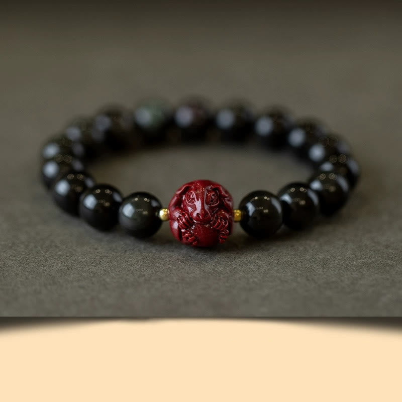 Buddha Stones Chiński Zodiak Naturalny Czarny Obsydian Cynober Bransoletka Oczyszczająca