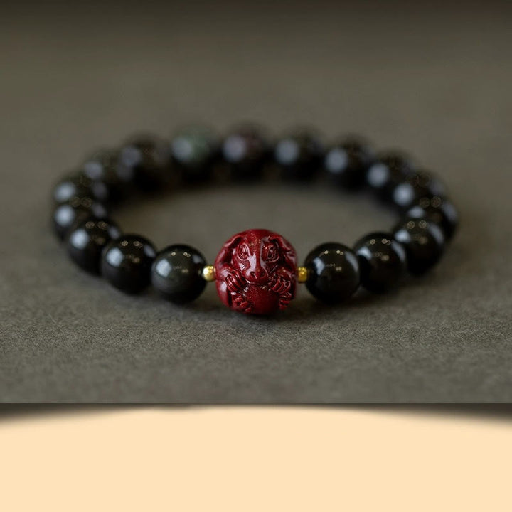 Buddha Stones Chiński Zodiak Naturalny Czarny Obsydian Cynober Bransoletka Oczyszczająca