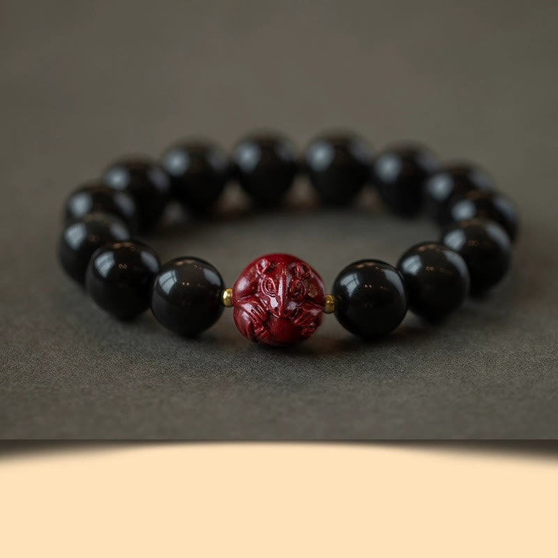 Buddha Stones Chiński Zodiak Naturalny Czarny Obsydian Cynober Bransoletka Oczyszczająca