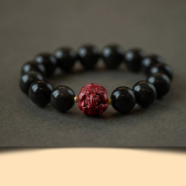 Buddha Stones Chiński Zodiak Naturalny Czarny Obsydian Cynober Bransoletka Oczyszczająca
