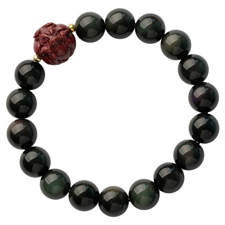 Buddha Stones Chiński Zodiak Naturalny Czarny Obsydian Cynober Bransoletka Oczyszczająca