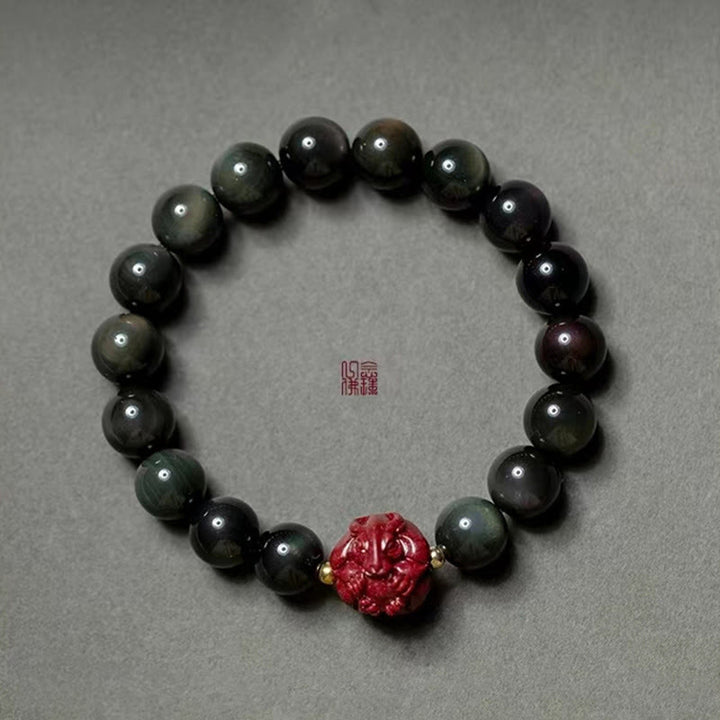Buddha Stones Chiński Zodiak Naturalny Czarny Obsydian Cynober Bransoletka Oczyszczająca