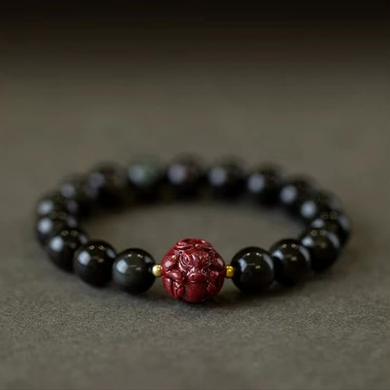 Buddha Stones Chiński Zodiak Naturalny Czarny Obsydian Cynober Bransoletka Oczyszczająca
