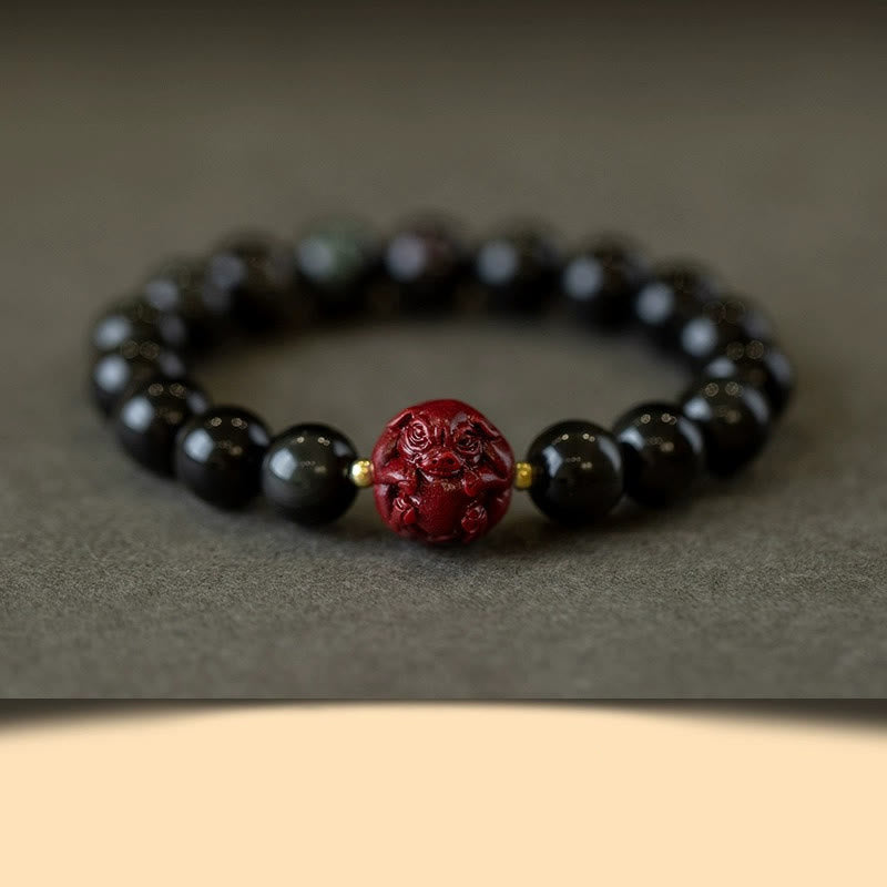 Buddha Stones Chiński Zodiak Naturalny Czarny Obsydian Cynober Bransoletka Oczyszczająca
