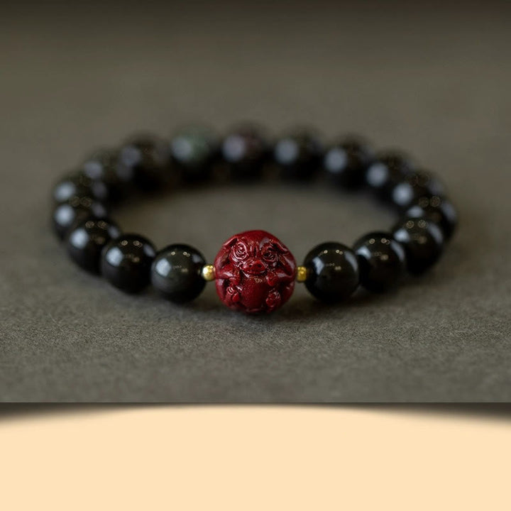 Buddha Stones Chiński Zodiak Naturalny Czarny Obsydian Cynober Bransoletka Oczyszczająca