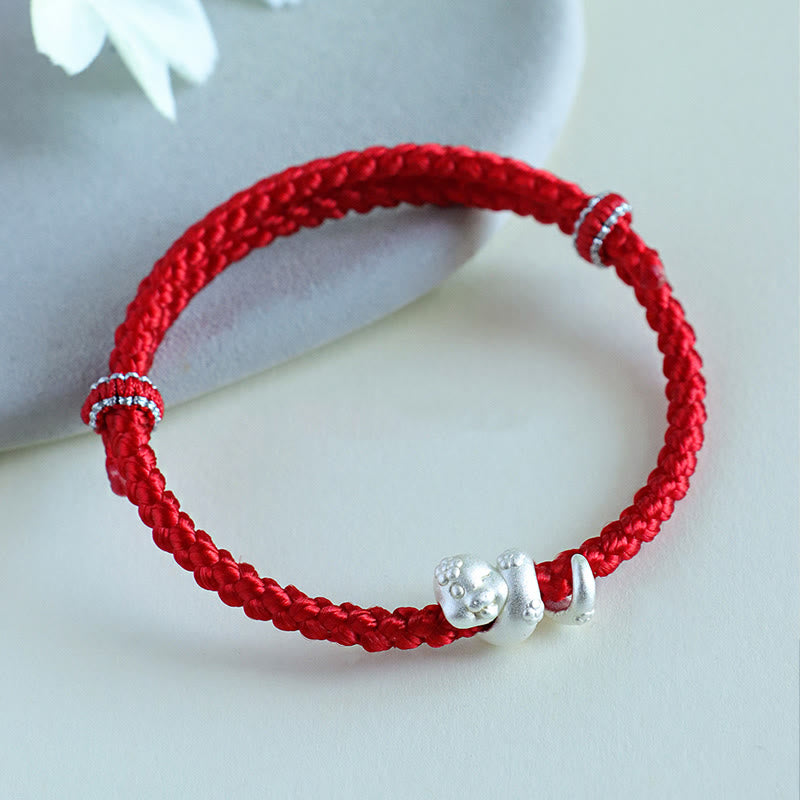 Buddha Stones Ręcznie robione 999 Srebro Sterling Rok Węża Czerwony Sznurek Szczęścia Bransoletka Pleciona