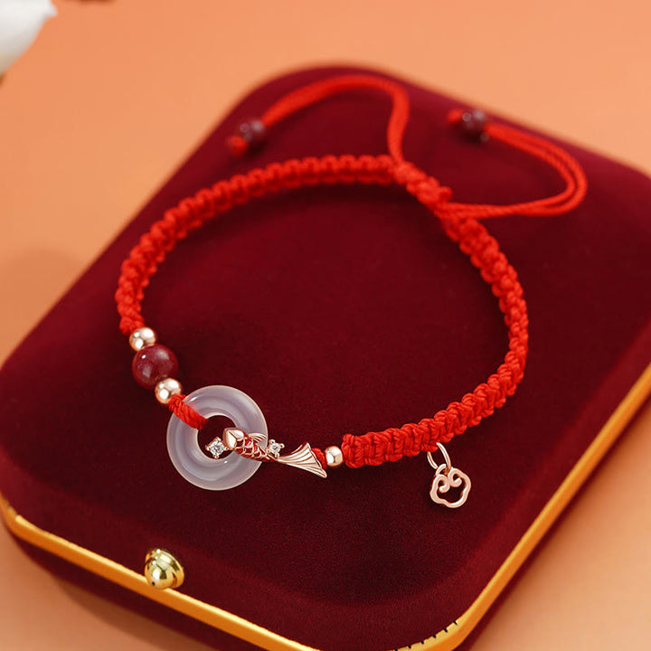 Buddha Stones Ręcznie robione Chalcedon Klamra Pokoju Ryba Koi 925 Srebro Pleciony Sznurek Pozytywna Bransoletka dla Par