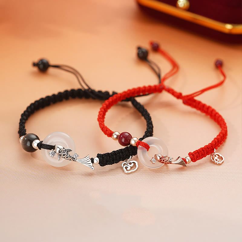 Buddha Stones Ręcznie robione Chalcedon Klamra Pokoju Ryba Koi 925 Srebro Pleciony Sznurek Pozytywna Bransoletka dla Par - image 2