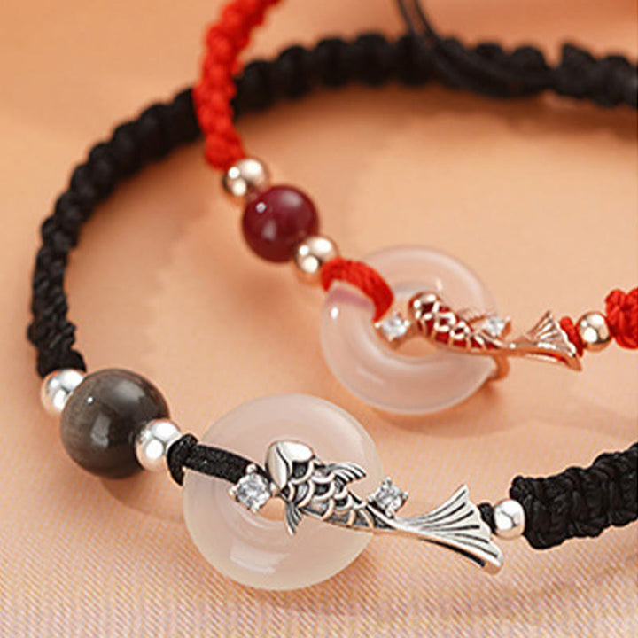 Buddha Stones Ręcznie robione Chalcedon Klamra Pokoju Ryba Koi 925 Srebro Pleciony Sznurek Pozytywna Bransoletka dla Par
