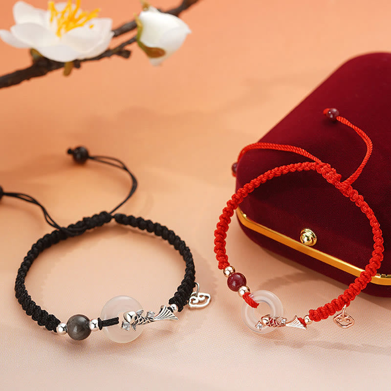Buddha Stones Ręcznie robione Chalcedon Klamra Pokoju Ryba Koi 925 Srebro Pleciony Sznurek Pozytywna Bransoletka dla Par