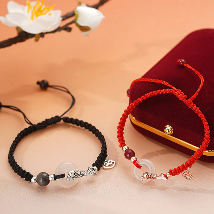 Buddha Stones Ręcznie robione Chalcedon Klamra Pokoju Ryba Koi 925 Srebro Pleciony Sznurek Pozytywna Bransoletka dla Par